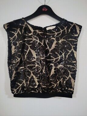 Vintage Fanco Paris Sleeveless/Cap Sleeve Sequin Crop Women's Large Black & Gold